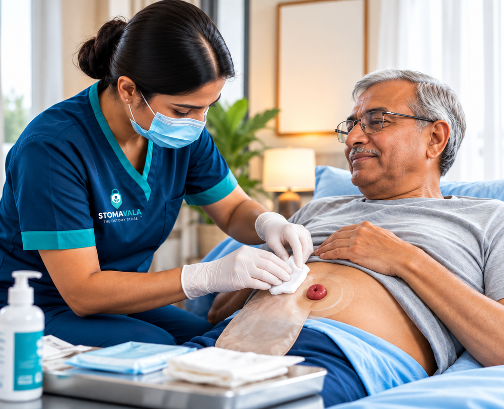 Professional stoma nurse providing ostomy care at hom